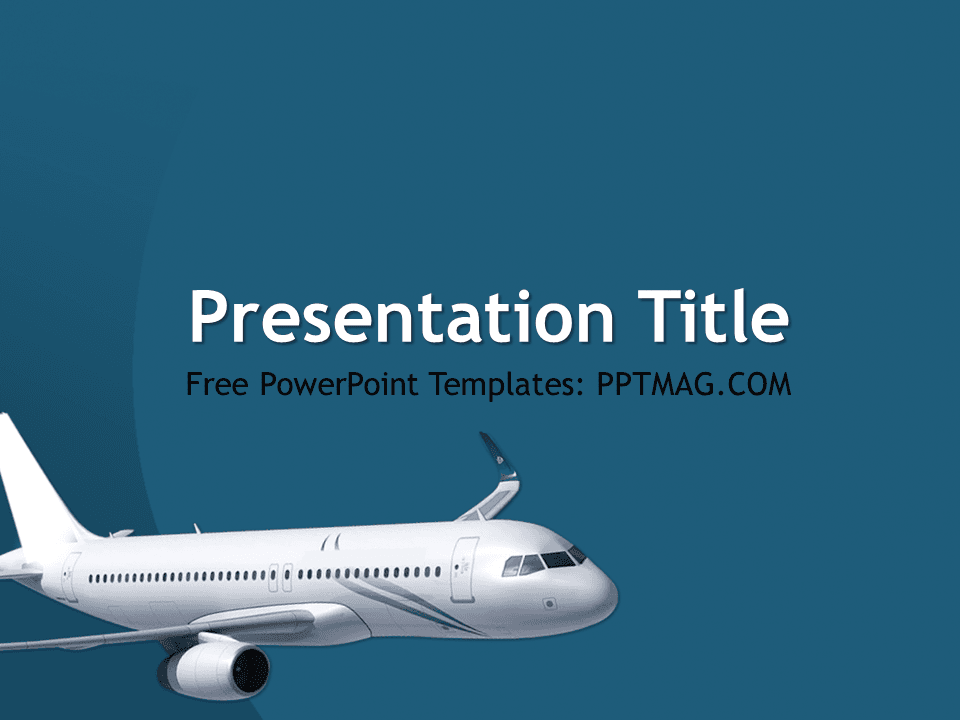 Airplane PowerPoint Template cover slide with white aircraft on teal blue background and white title text