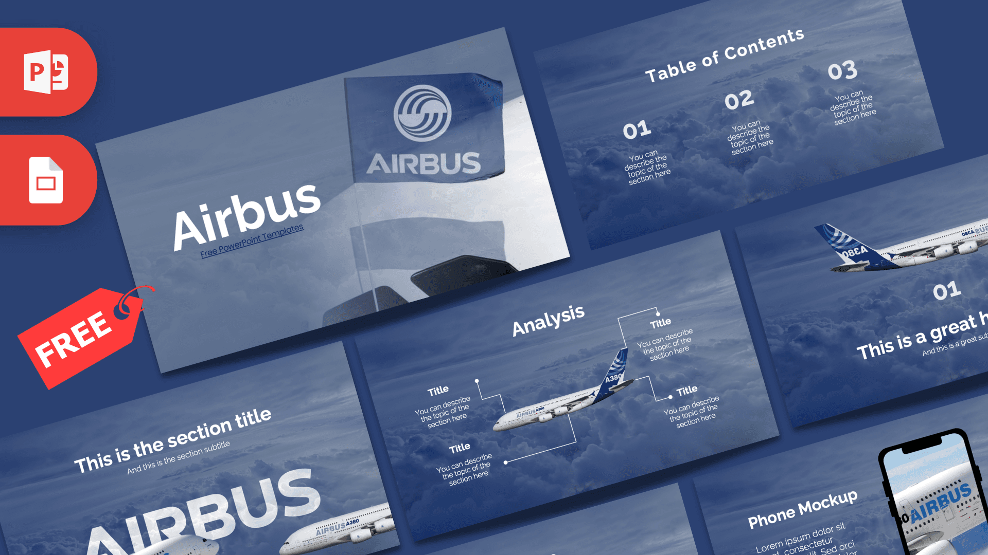 Airbus PowerPoint template cover slide with blue aviation theme and aircraft imagery
