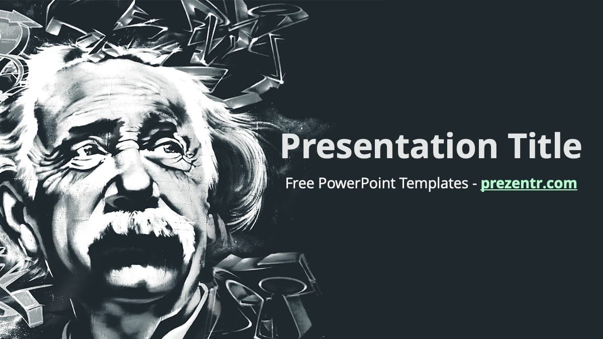 Albert Einstein PowerPoint Template cover slide with black and white portrait and geometric design elements