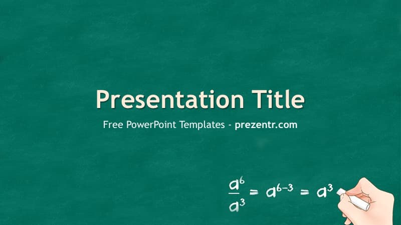 Algebra PowerPoint Template cover slide with teal chalkboard background, white math equation, and hand writing illustration