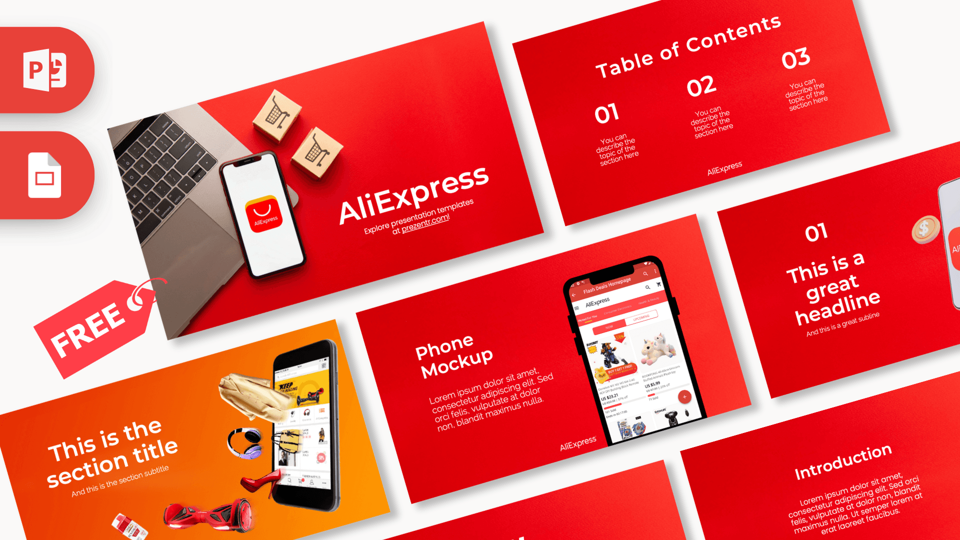 Aliexpress PowerPoint template cover slide with red background, smartphone mockup, and keyboard imagery