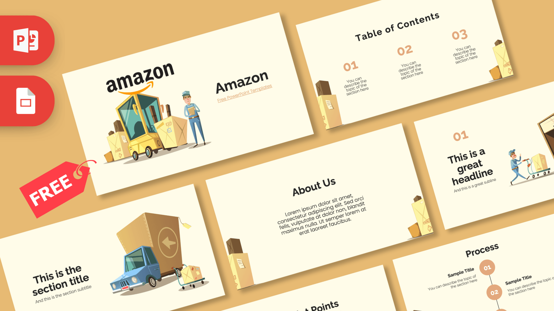 Amazon PowerPoint Template cover slide with delivery truck illustration and beige layout