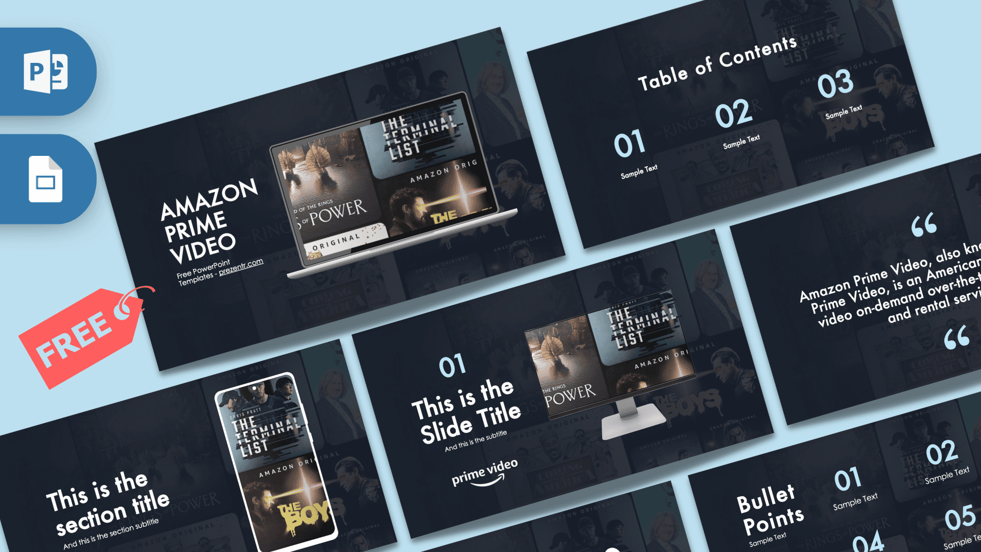 Amazon Prime Video PowerPoint Template cover slide with dark background, featured show posters, and white text layout
