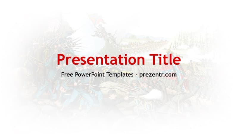 American Civil War PowerPoint template cover slide with red title text and historical battle imagery background