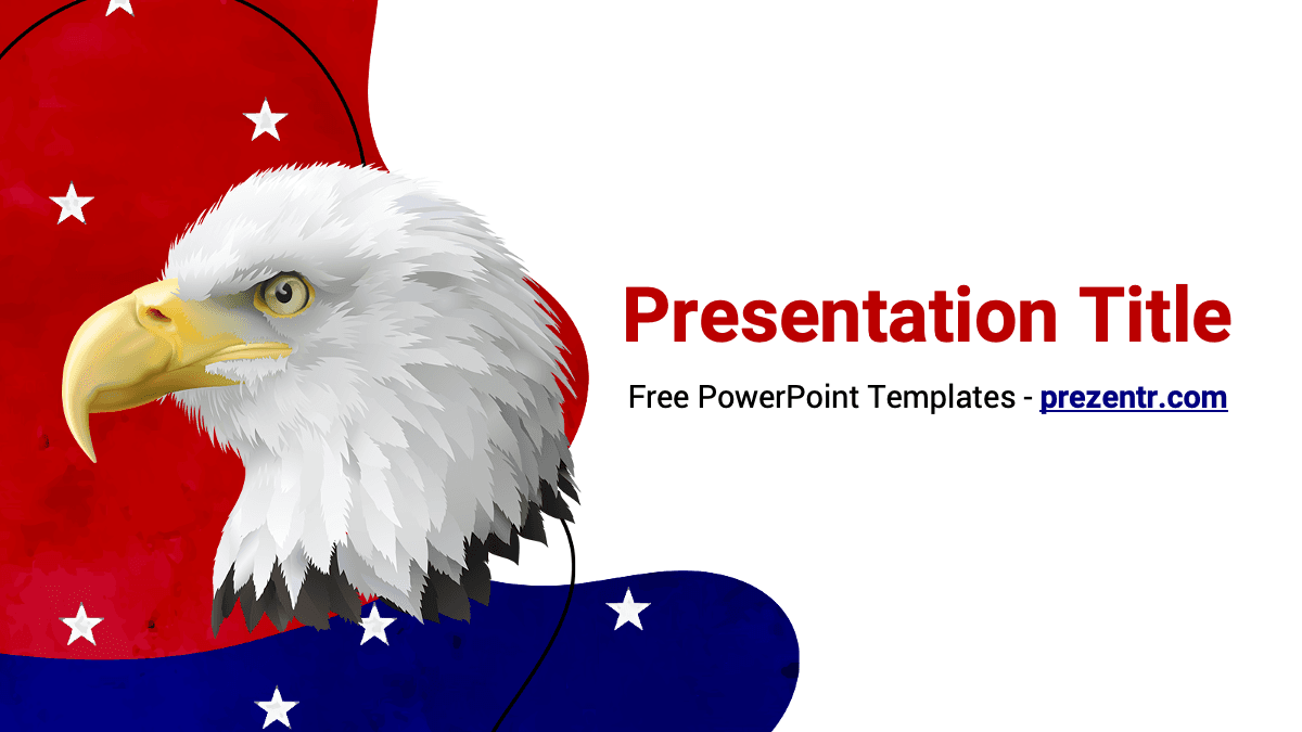 American Eagle PowerPoint Template cover slide with bald eagle and red, white, blue patriotic design