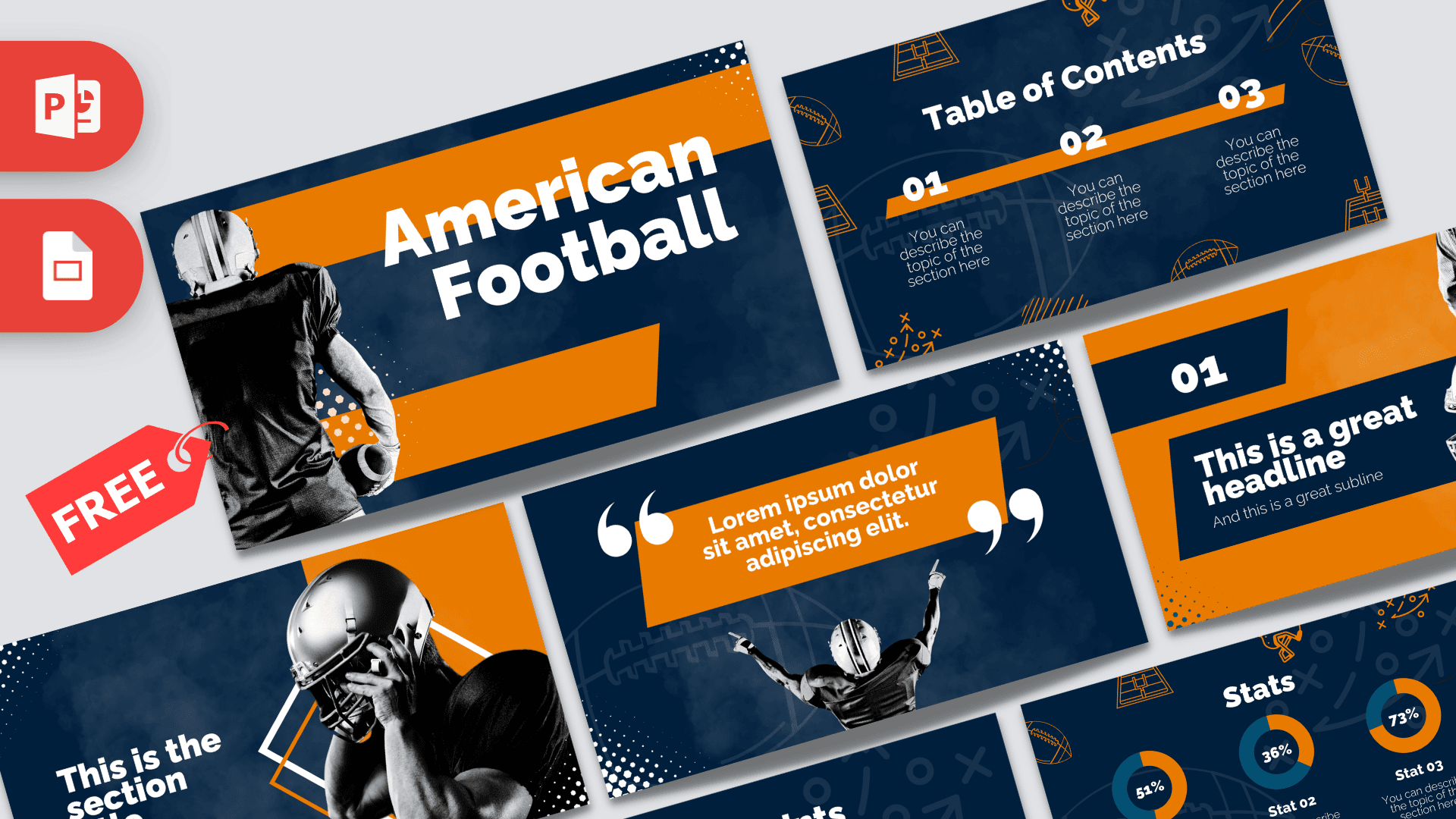 American Football Presentation Templates cover slide with orange and navy design, football player imagery