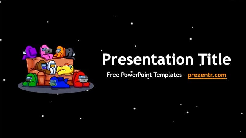 Among Us PowerPoint template cover slide with colorful character illustrations on black starry background