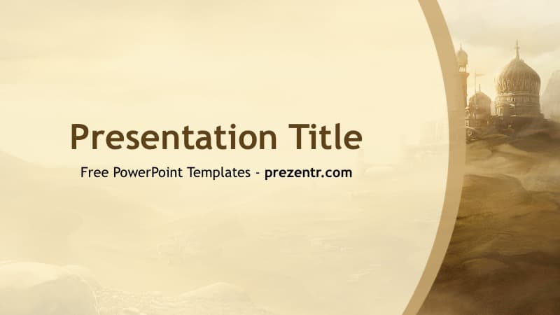 Ancient PowerPoint Template cover slide with sepia-toned cathedral and curved design elements