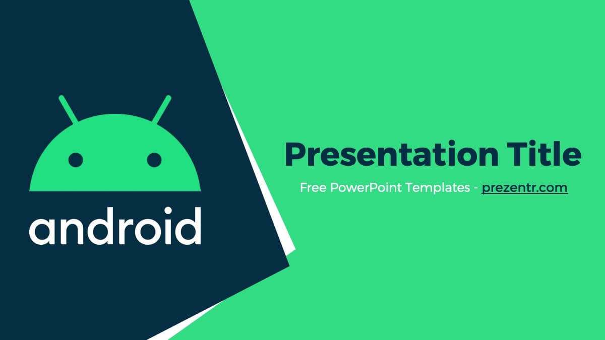 Android PowerPoint Template cover slide with green and dark blue split layout featuring Android mascot logo
