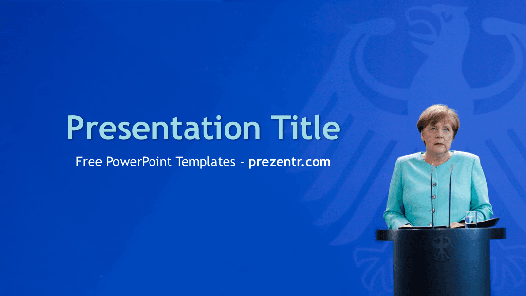 Angela Merkel PowerPoint Template cover slide with blue background and woman at podium