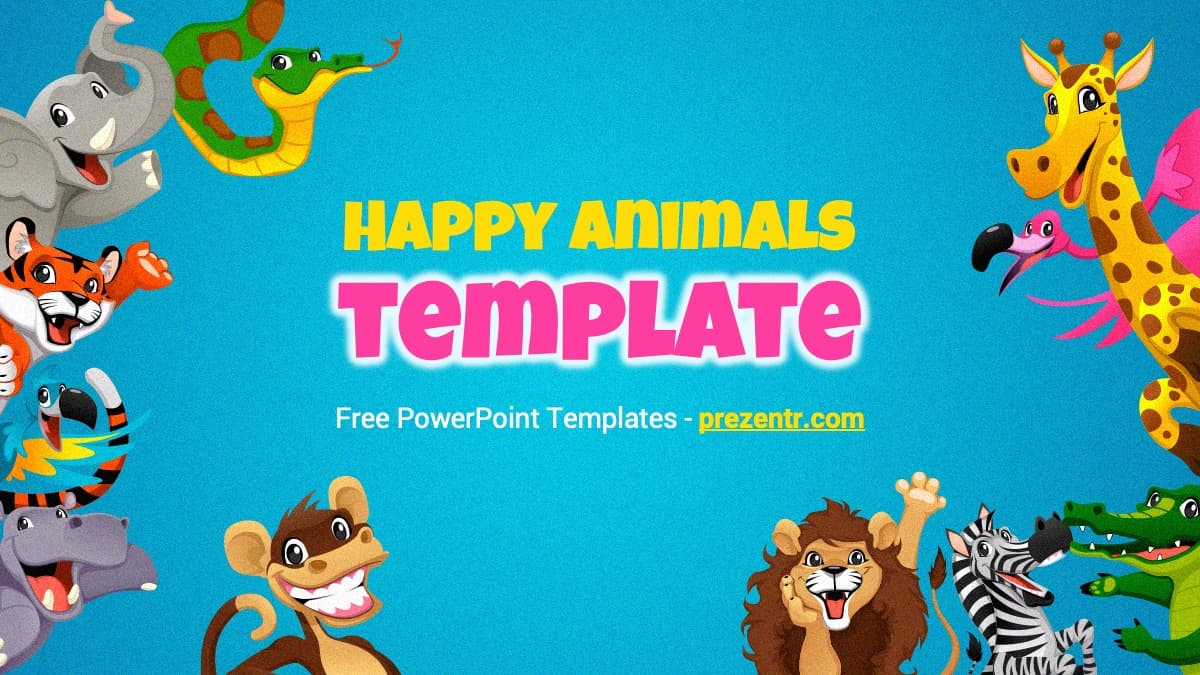 Happy Animals PowerPoint Template cover slide with colorful cartoon animals on turquoise background