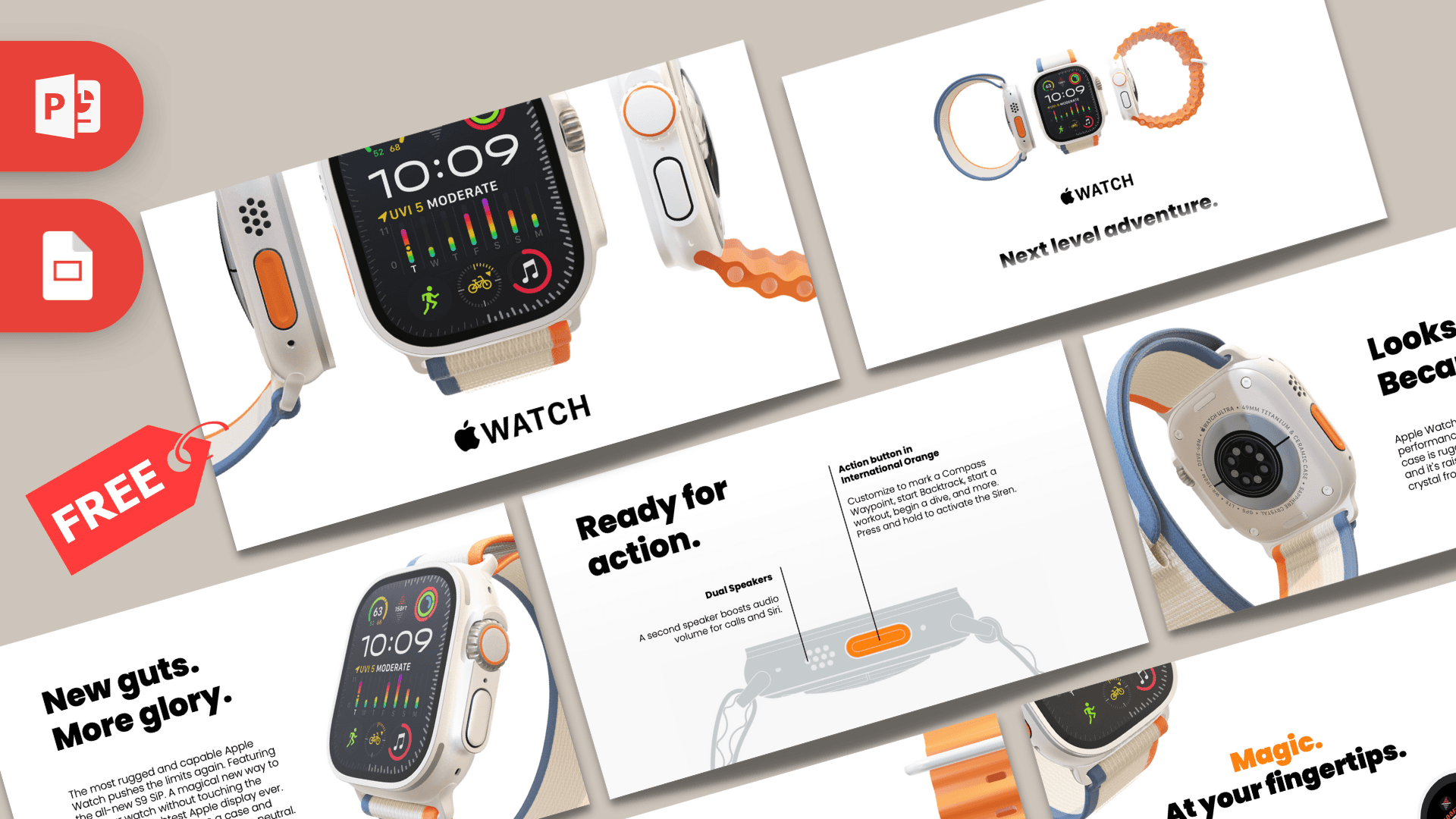 Animated Apple Watch PowerPoint Template featuring modern product mockups with orange and blue accents on white background
