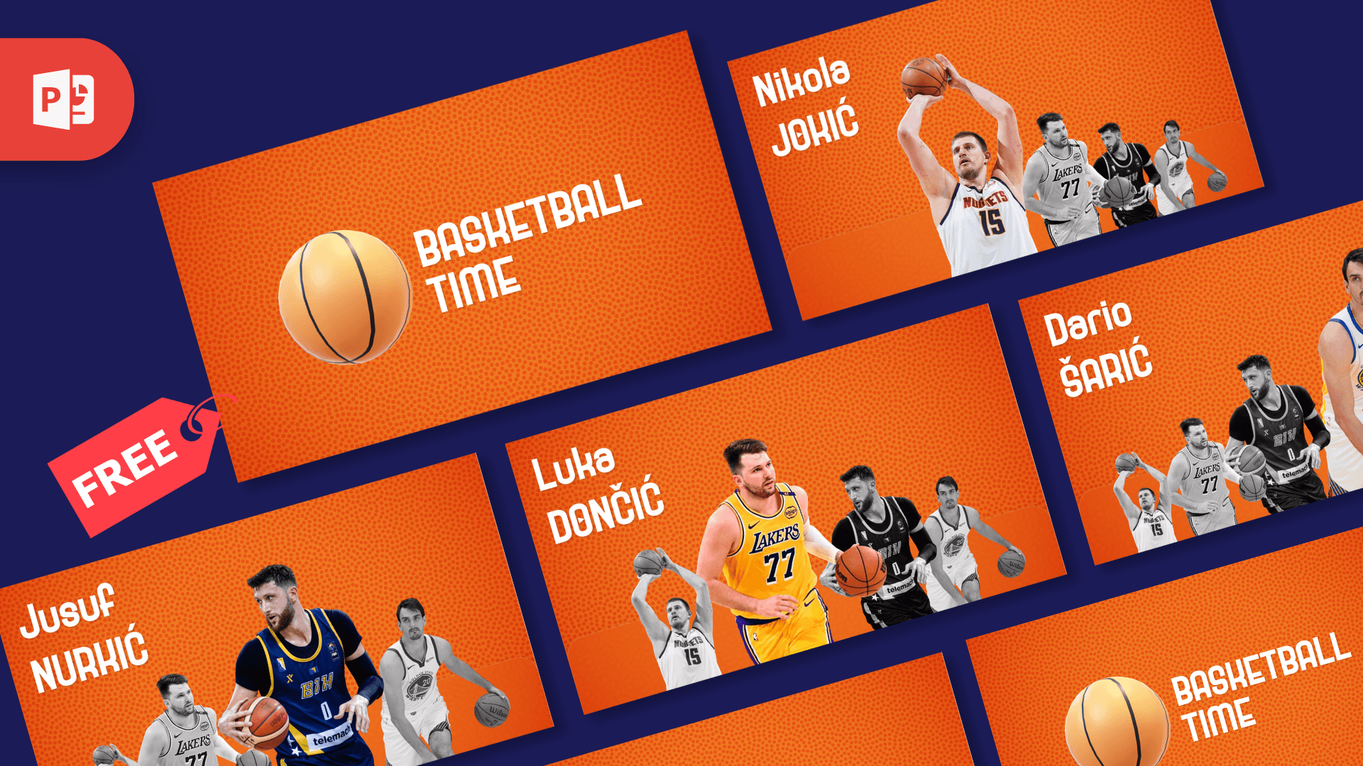 Animated Basketball PowerPoint Slides cover with orange panels, basketball, and NBA players on dark blue background