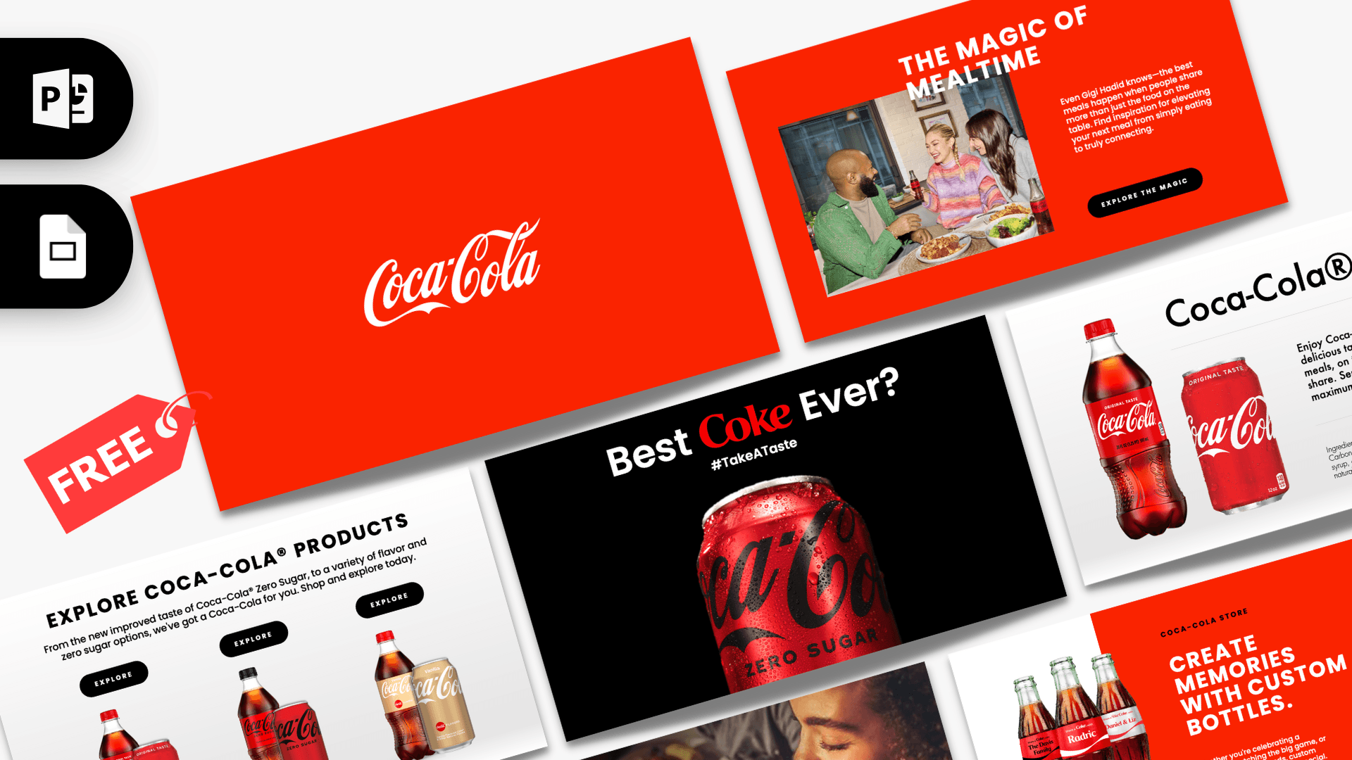 Animated Coca-Cola PowerPoint Template cover slide with red branding and product imagery