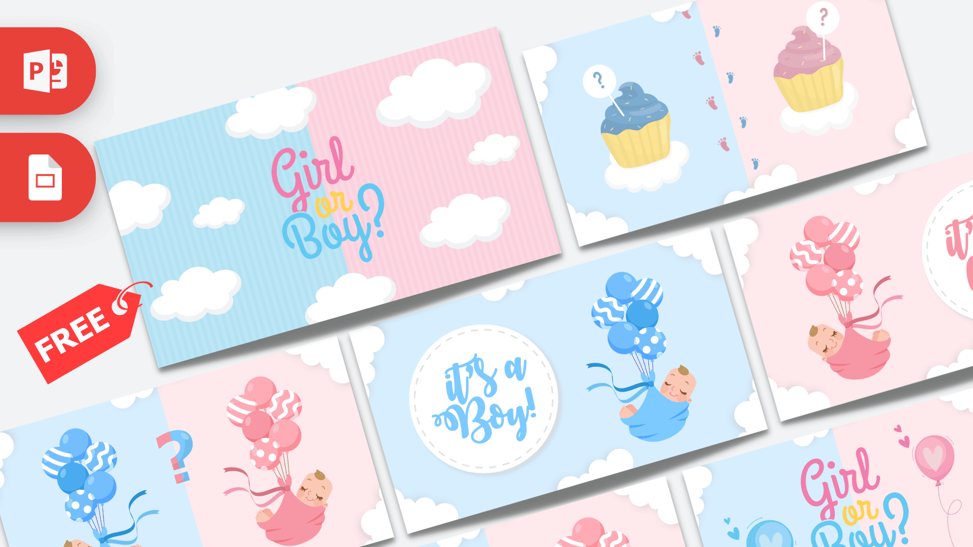 Animated Gender Reveal PowerPoint Template with pastel pink and blue clouds, babies, and balloons