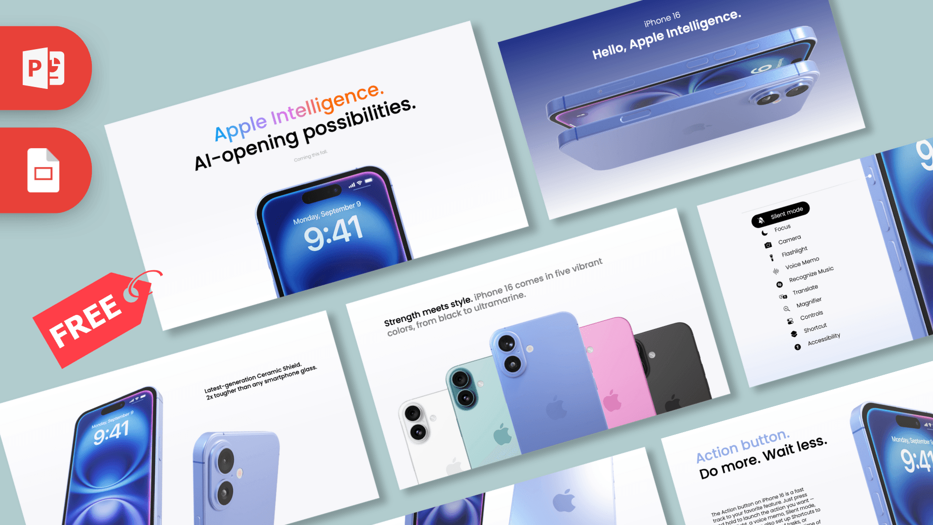 Animated iPhone 16 PowerPoint Template cover slide featuring blue gradient design with iPhone devices and Apple Intelligence
