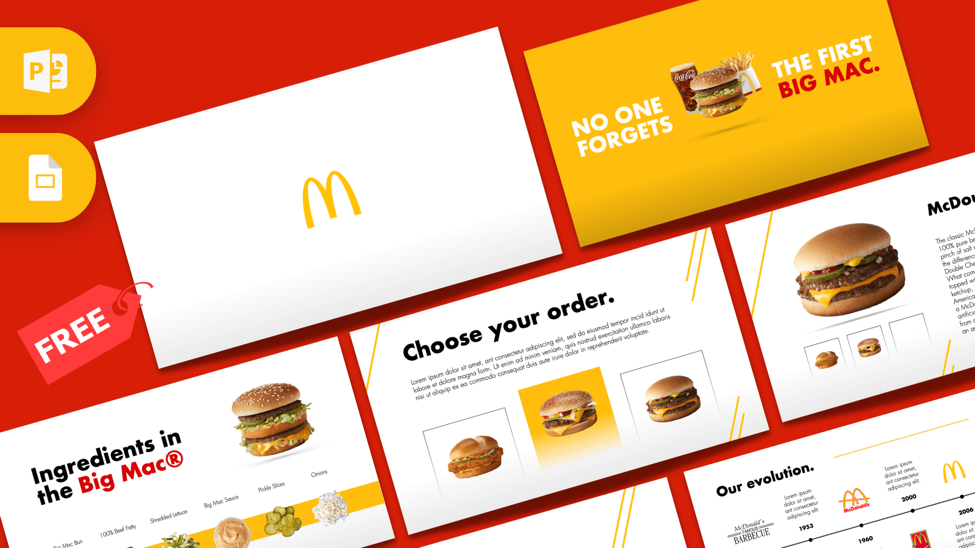 Animated McDonald's PowerPoint template cover with red, yellow branding and Big Mac imagery