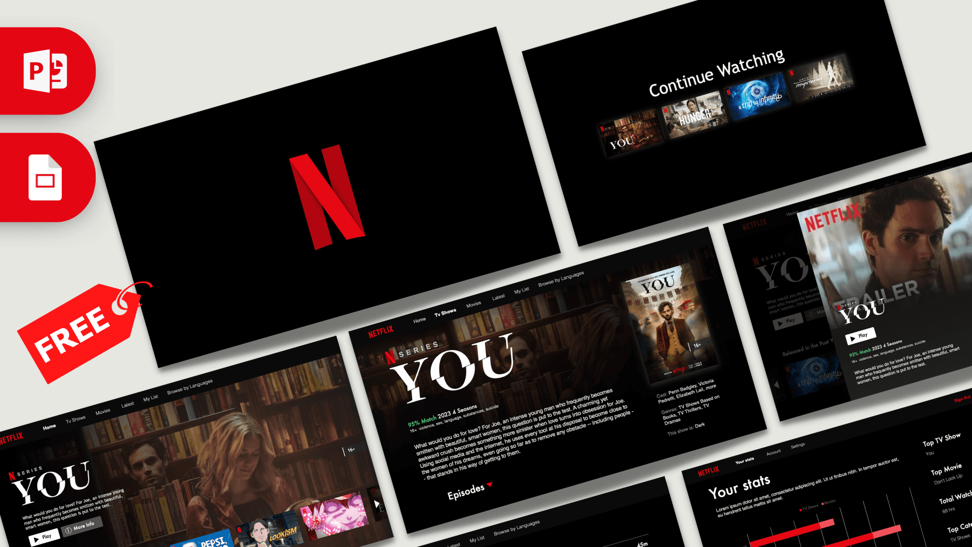 Animated Netflix PowerPoint Template cover slide featuring red N logo and dark streaming interface design