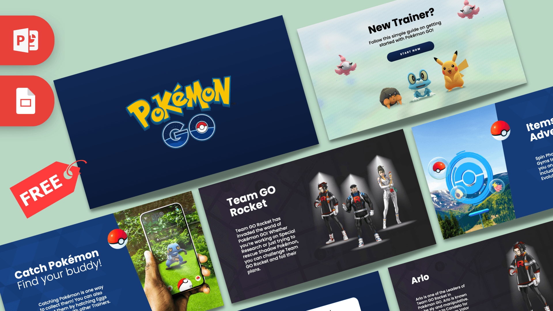 Animated Pokemon GO PowerPoint Template cover slide with navy blue background and yellow logo text