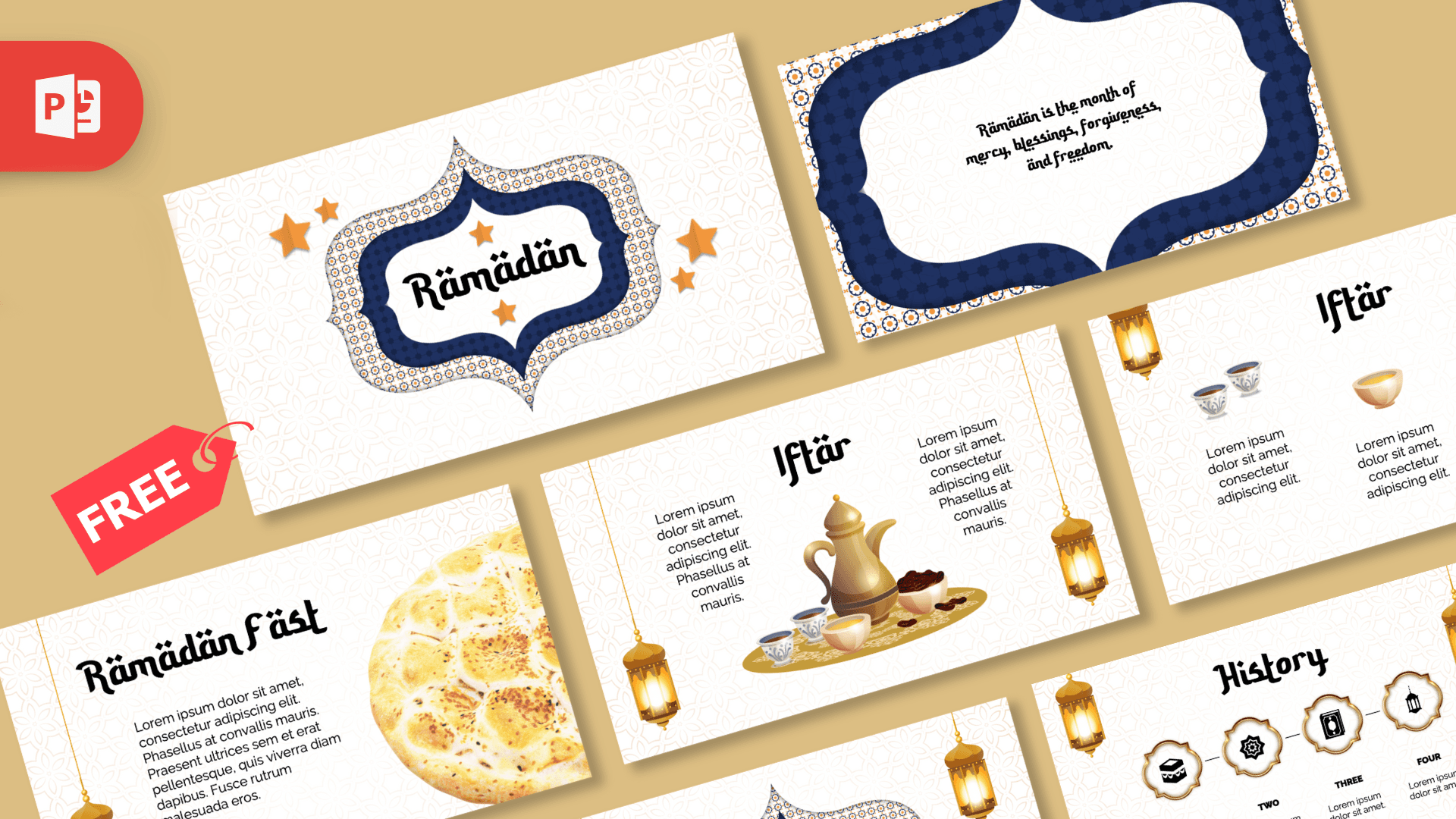 Animated Ramadan PowerPoint template cover with navy blue borders, orange stars, and Islamic geometric patterns