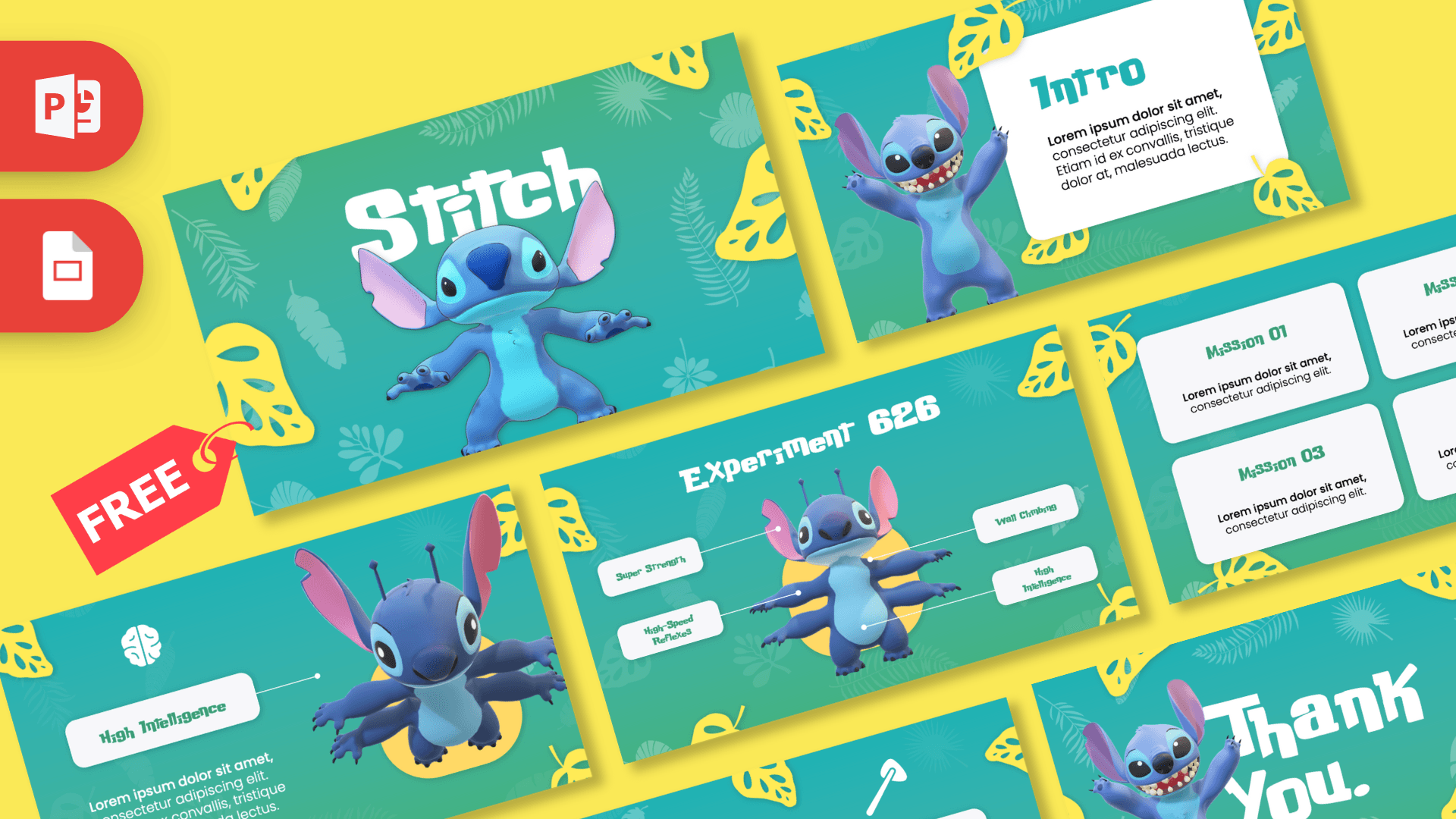Animated Stitch PowerPoint Template with turquoise background, yellow leaf patterns, and blue character illustrations