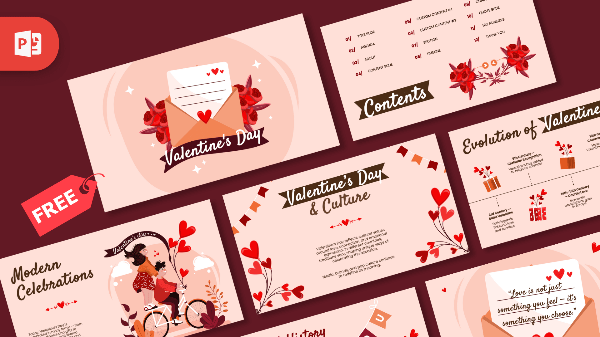 Animated Valentine's Day PowerPoint Template with red hearts, envelope, and romantic illustrations on pink background