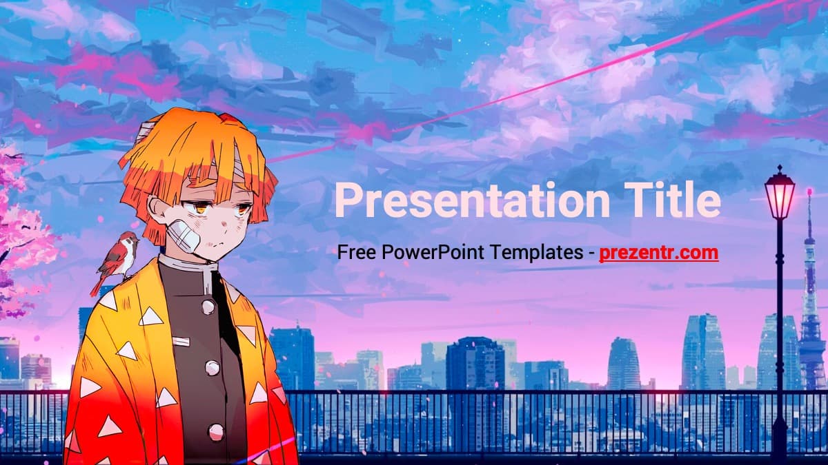 Anime PowerPoint Template cover slide: Orange-haired character in red jacket against vibrant pink-blue cityscape
