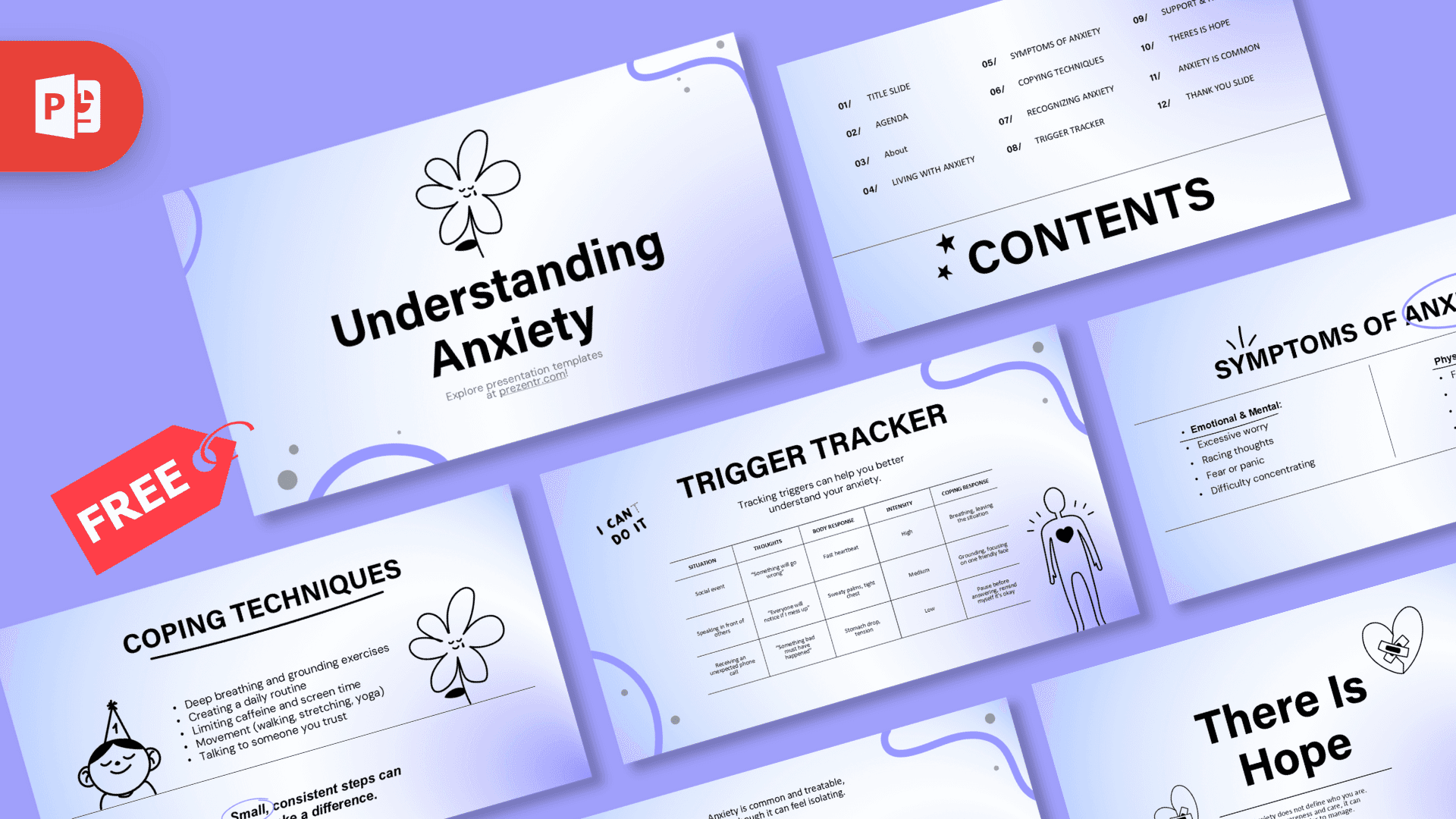 Anxiety PowerPoint Template cover slide with purple background, simple flower illustration, and clean white layout