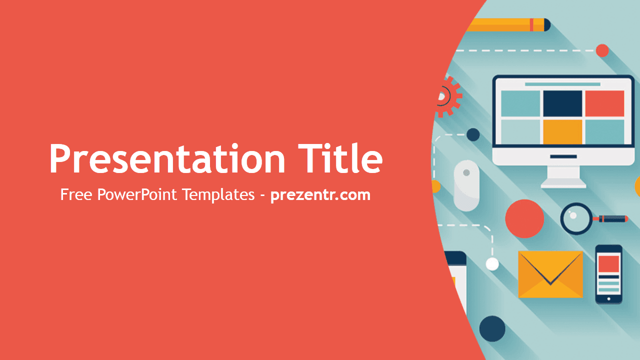 App Development PowerPoint Template cover slide with coral-red and teal design featuring design tools icons