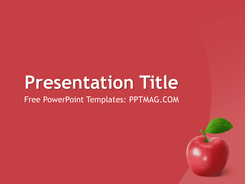 Apple Fruit PowerPoint Template cover slide with red background, white title text, and glossy red apple with green leaf