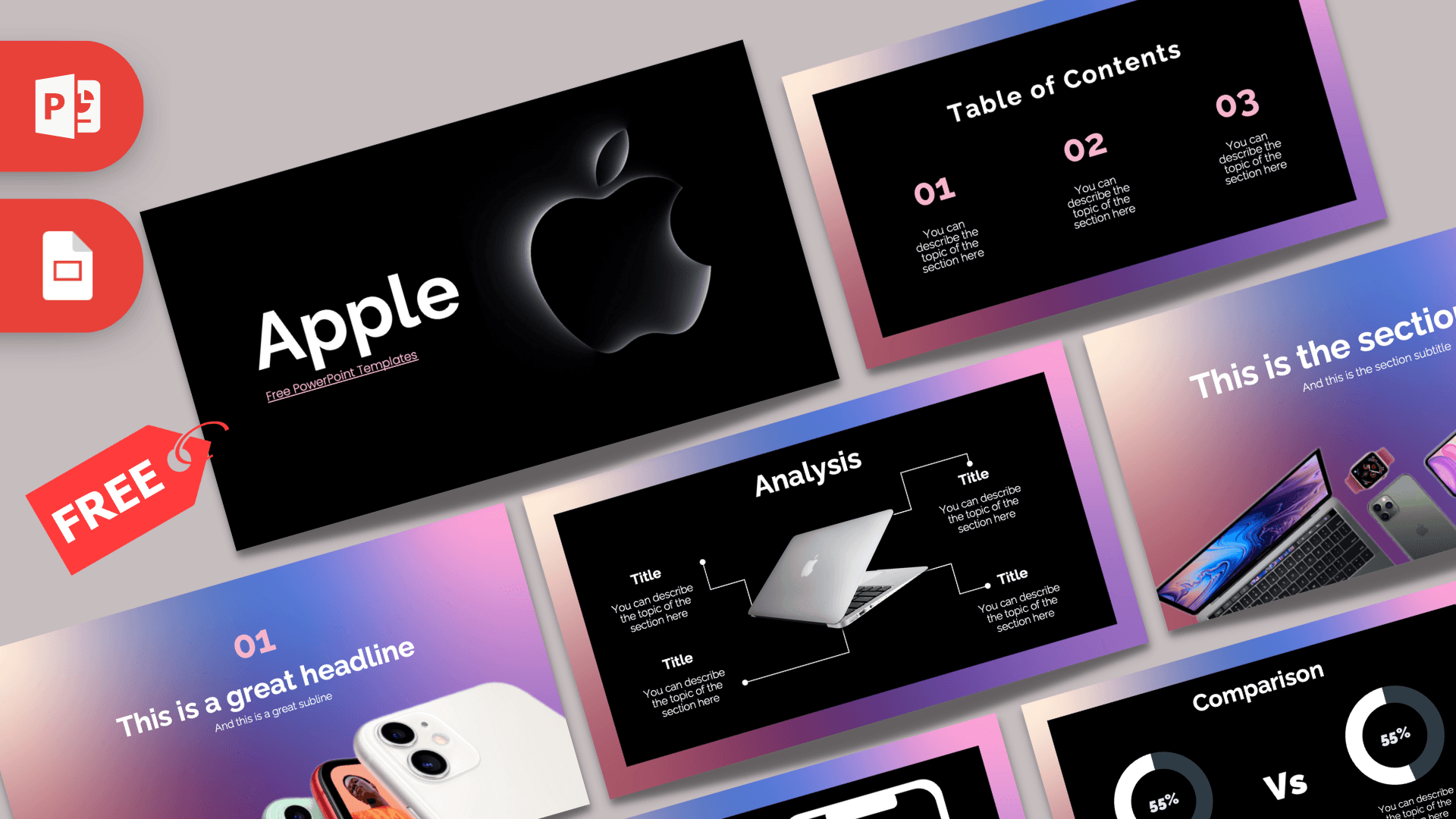 Apple PowerPoint Template cover slide with glowing Apple logo, gradient purple-blue background, and product imagery