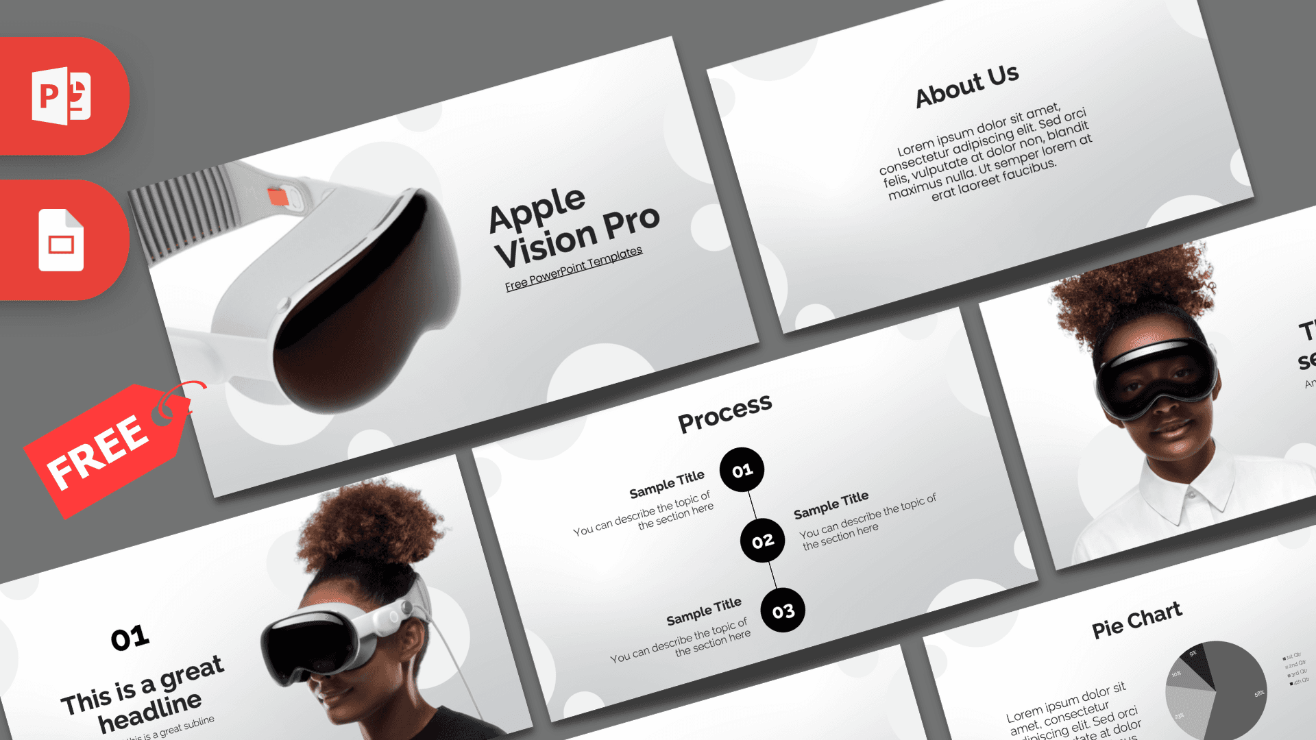 Apple Vision Pro template cover slide with white and gray modern layout featuring VR headset product image
