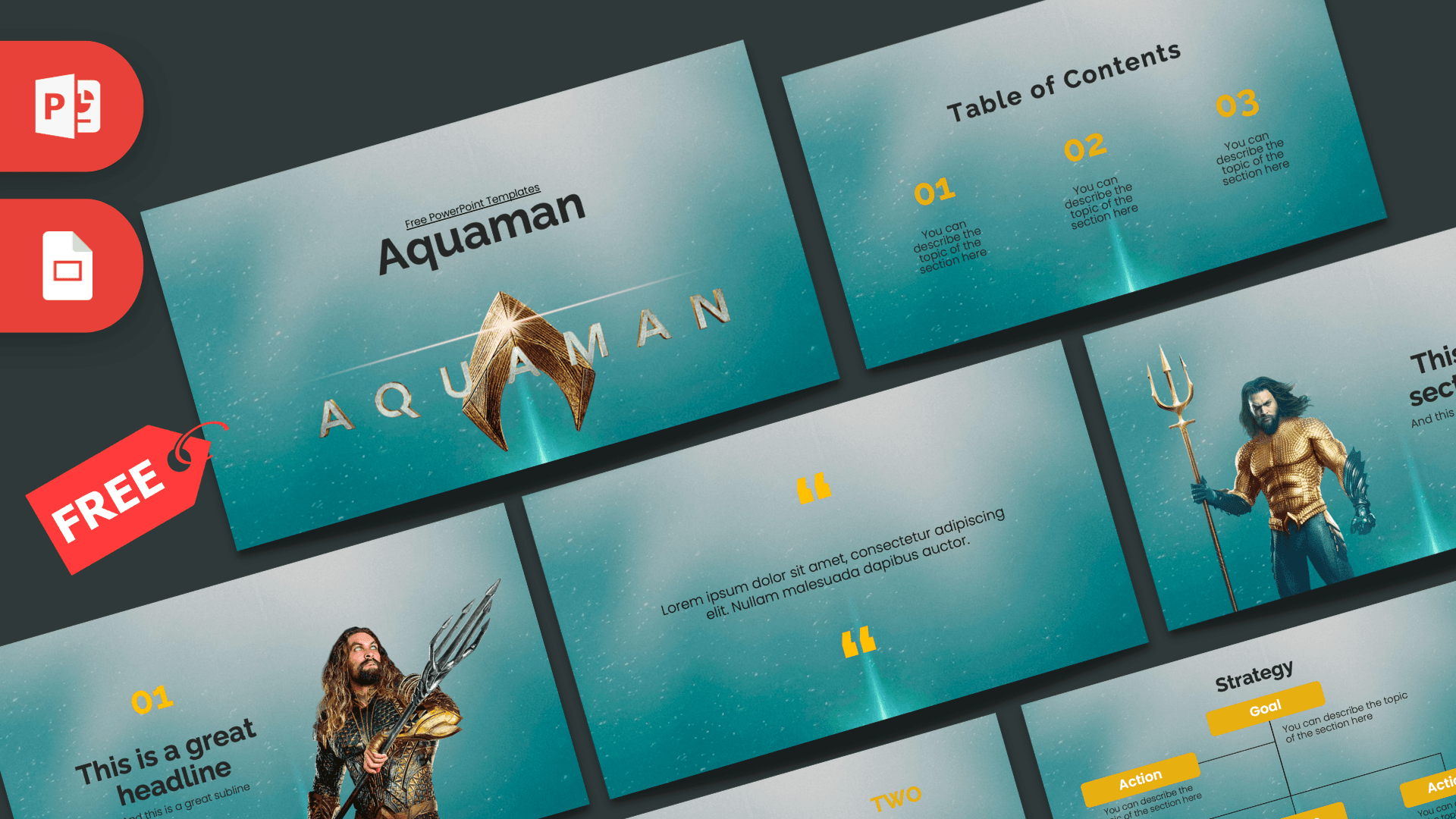 Aquaman PowerPoint template cover slide with turquoise gradient background and gold trident icon