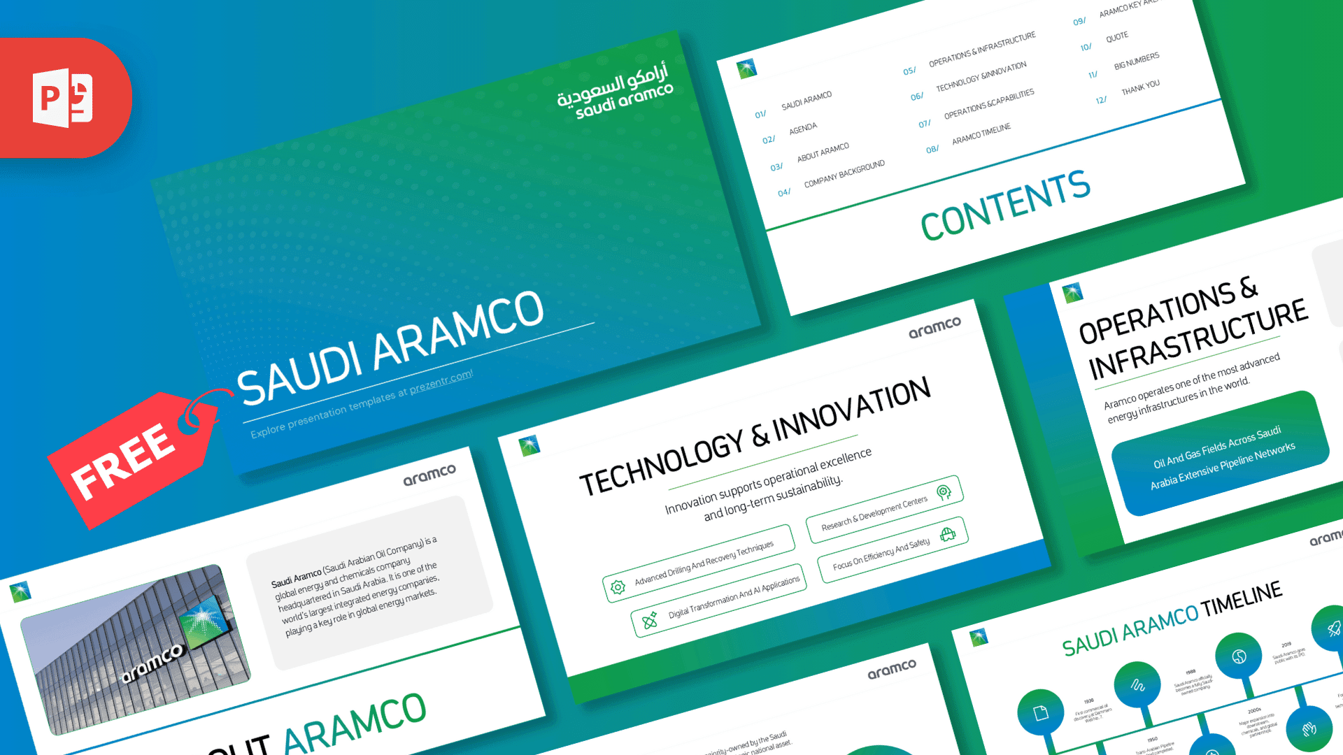 Free Saudi Aramco PowerPoint template with green and blue gradient design, featuring company branding and presentation slides