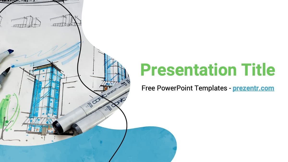 Architecture PowerPoint Template cover slide with blueprint sketches, blue accents, and design tools