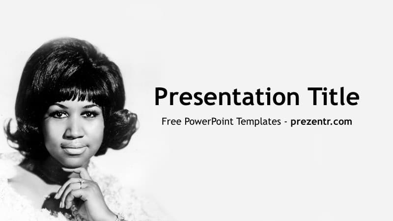 Black and white photo of woman on left, "Presentation Title" text on right, Aretha Franklin PowerPoint Template cover slide
