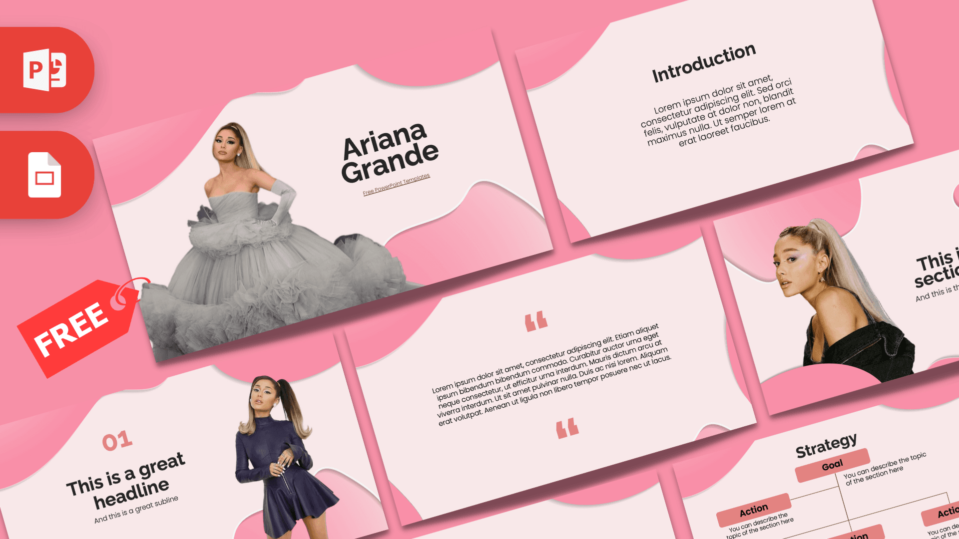 Ariana Grande PowerPoint template cover slide with pink background, wavy design elements, and celebrity imagery