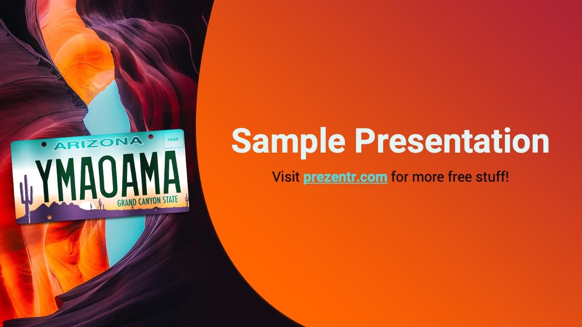 Arizona PowerPoint Template cover slide with orange gradient background, canyon imagery, and Arizona license plate design