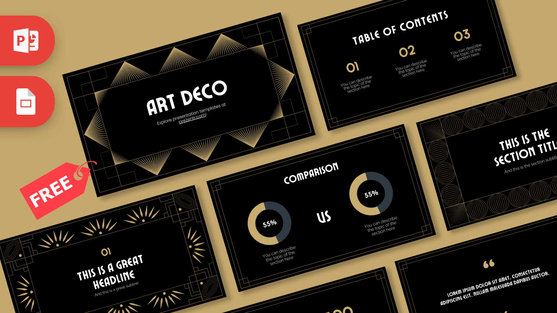 Art Deco PowerPoint template cover slide with black background, gold geometric patterns, and elegant serif typography