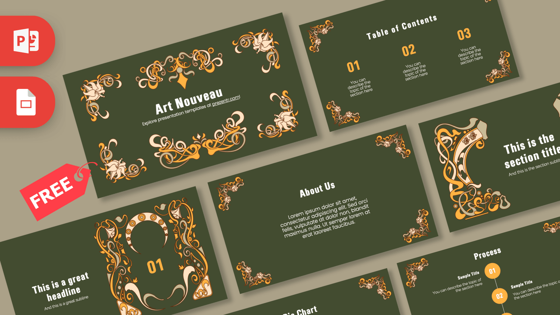 Art Nouveau PowerPoint template cover with green background, ornate gold floral borders, cream text, and decorative corners