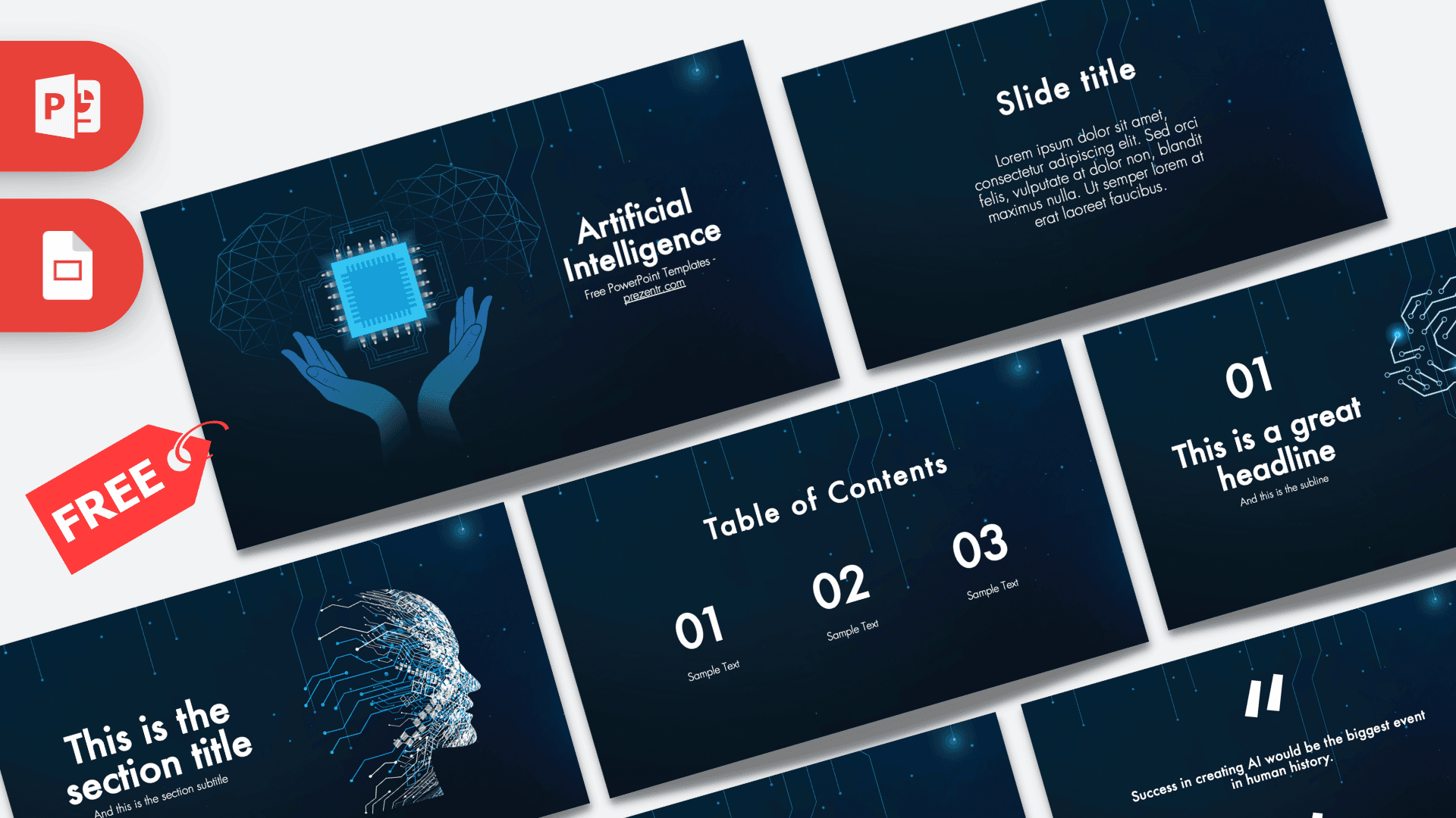 Artificial Intelligence PowerPoint template cover slide with dark blue background, glowing circuit chip, and hands