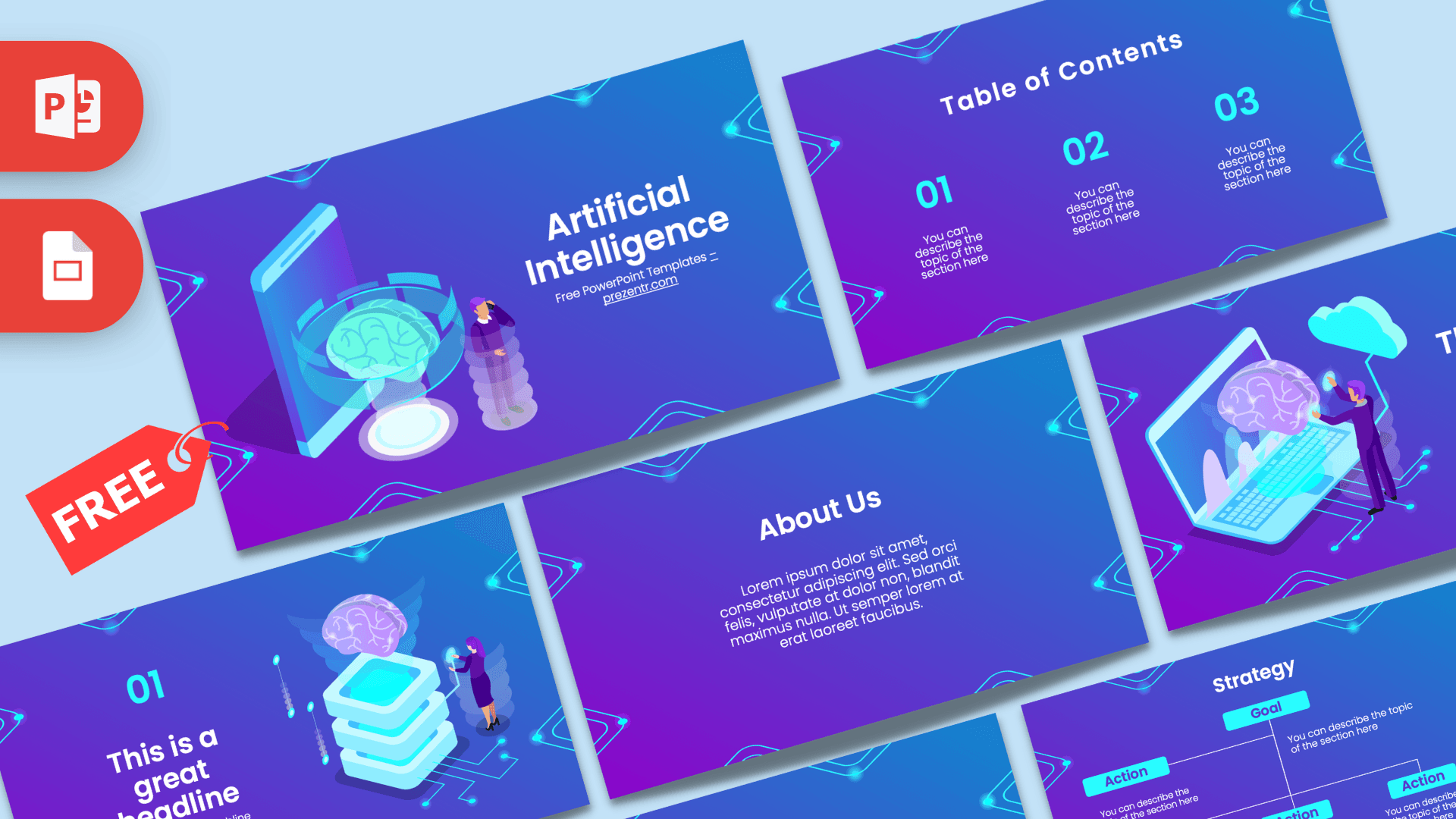 Artificial Intelligence Purple PowerPoint Template cover with neon brain and cyan accents on blue-purple gradient background