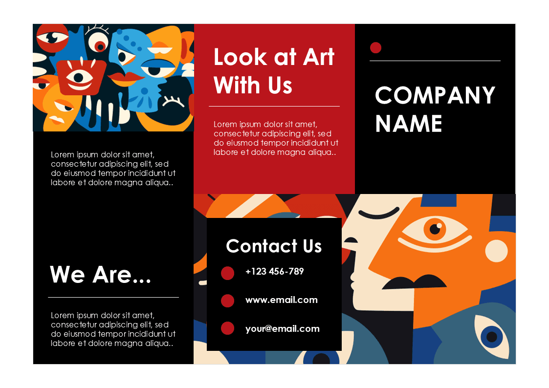 Artistic Flyer PowerPoint template cover slide with colorful abstract faces, red and black sections, contact information