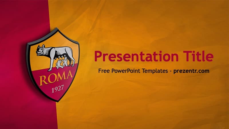 AS Roma PowerPoint Template cover slide with red and gold colors, club crest logo, and title placeholder