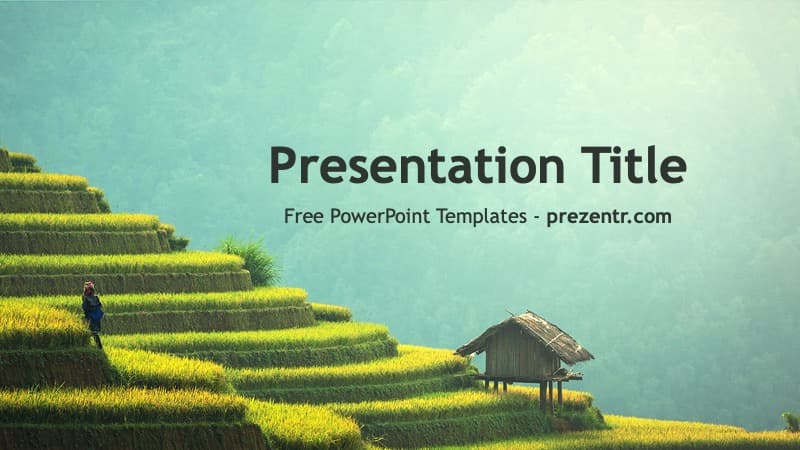 Asia PowerPoint Template cover slide featuring terraced rice fields, traditional hut, and turquoise sky