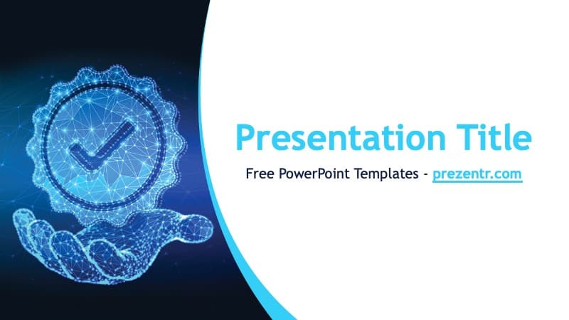 Digital hand holding glowing checkmark badge in blue network design on Assurance PowerPoint Template cover slide