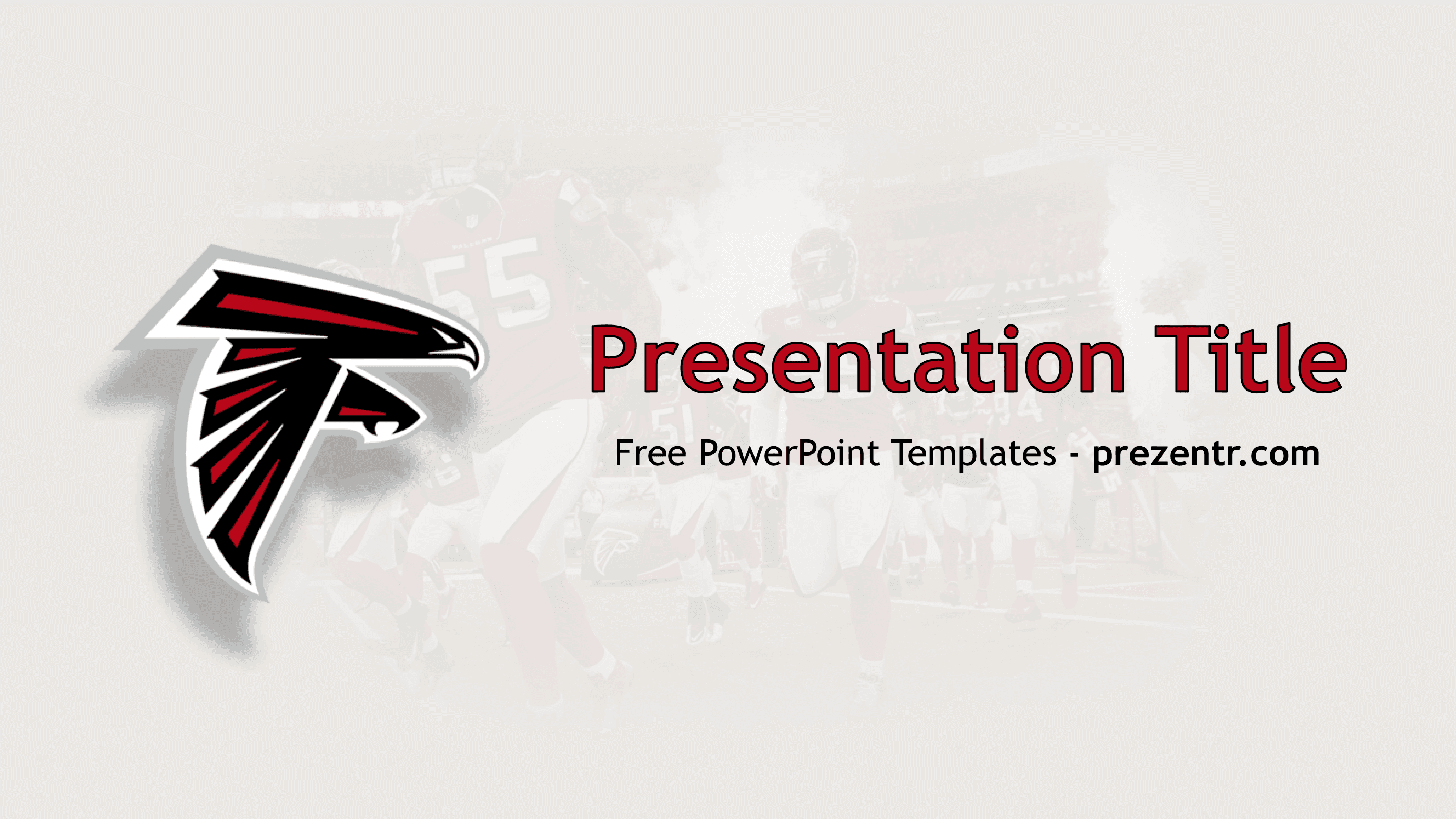 Atlanta Falcons PowerPoint Template cover slide with red and black logo, football imagery