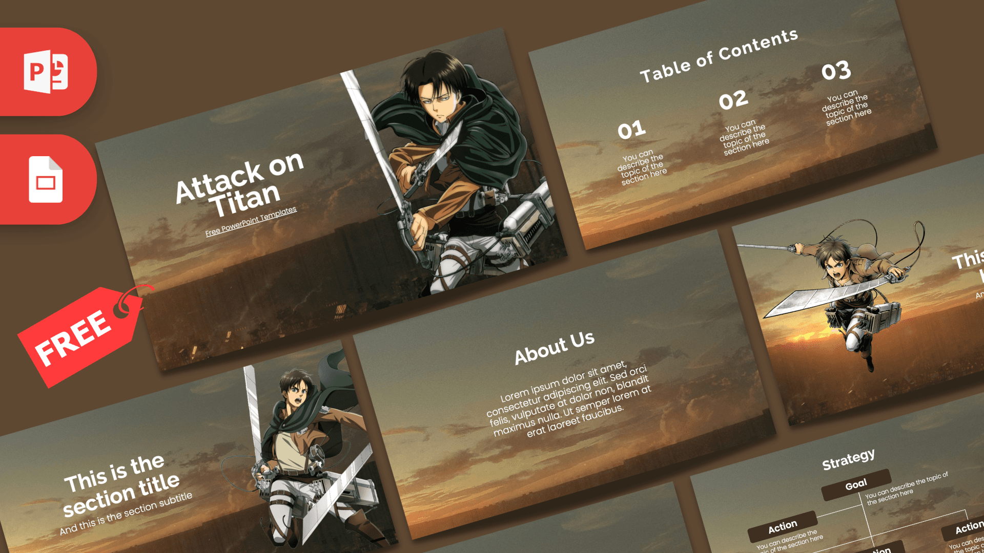 Attack on Titan PowerPoint template cover with anime characters and brown landscape background