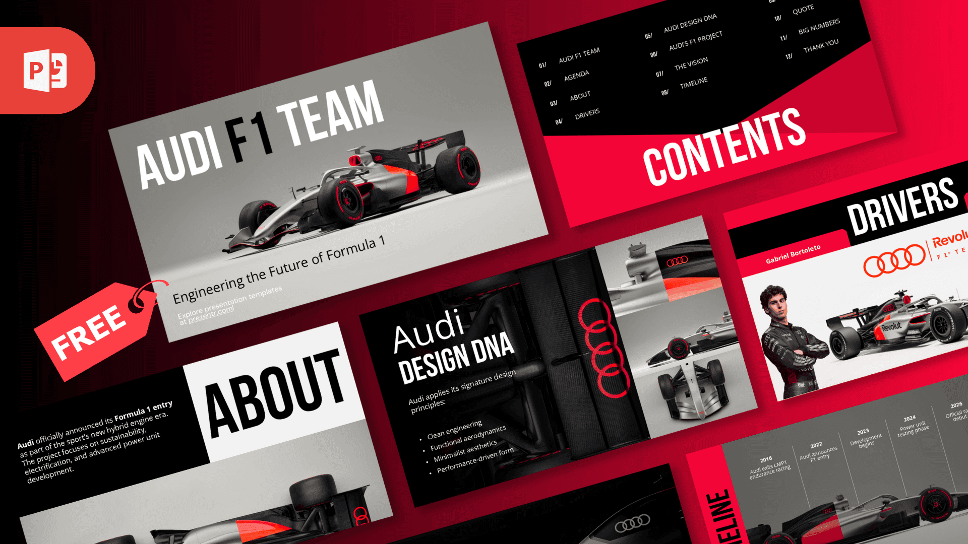 Audi F1 PowerPoint Template cover slide with red racing car and black/red design layout