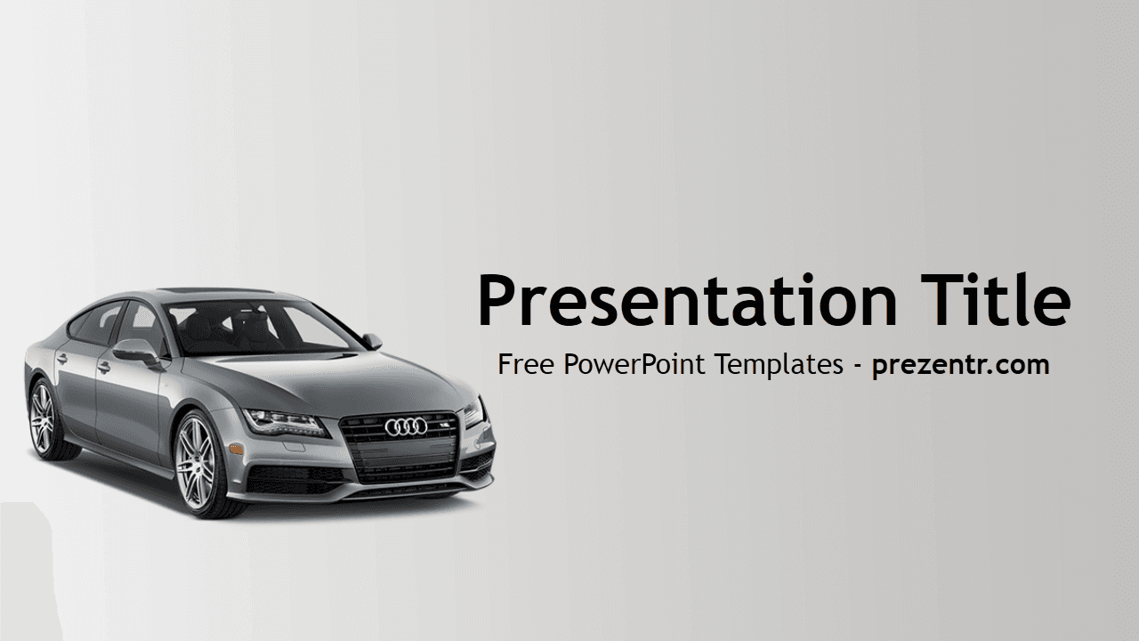 Silver Audi car on gray background with "Presentation Title" text and prezentr.com branding for Audi PowerPoint Template